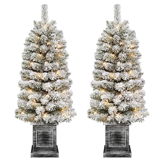 Puleo International 3.5ft. Pre-Lit Battery-Operated Flocked Spruce Artificial Christmas Trees with Pinecones, Warm White LED Lights, 2ct.